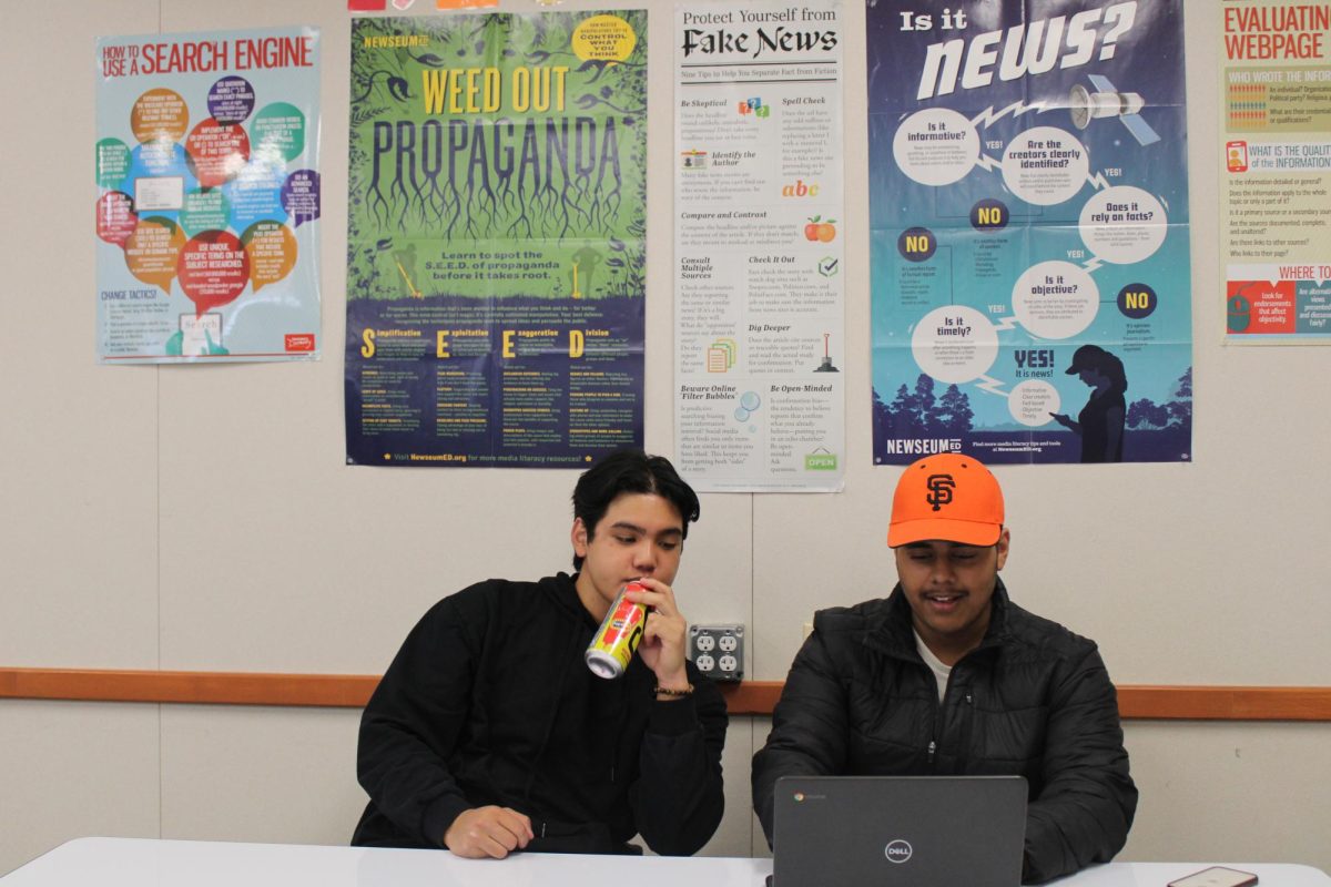 Sophomore John Nguyen, left, and junior Ayushman Bhattasali study in the library’s technology corner, where informational posters about misinformation through media can be found.