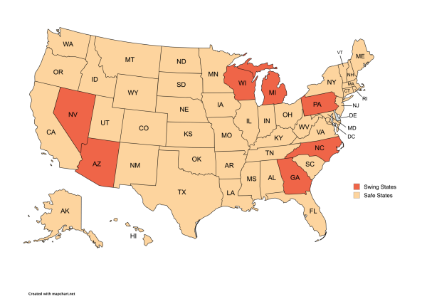 The seven swing states, indicated in dark orange, carry 93 Electoral College votes and should determine the next president.