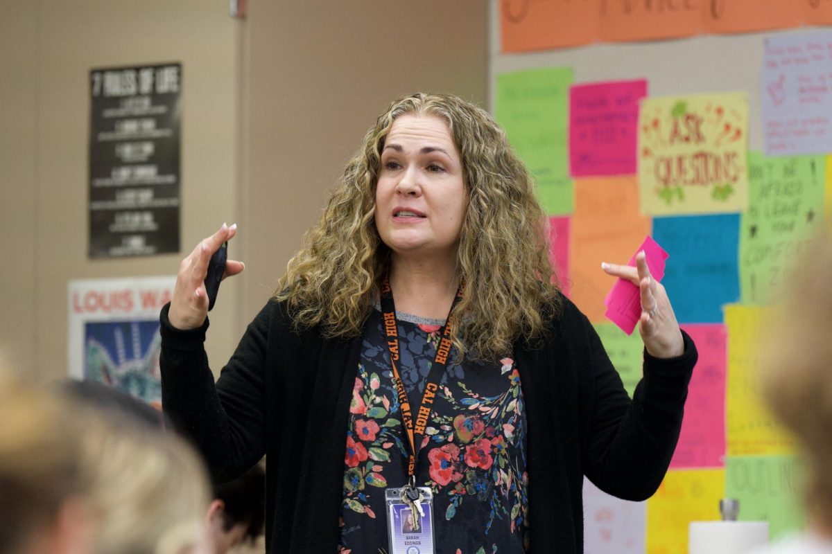 Sarah Eddings tries to get a point across to her AP Psychology class. Eddings, who has been teaching at Cal High since 2018, also teaches iQuest. She was named Cal High’s Teacher of the Year for the 2023-24 school year.