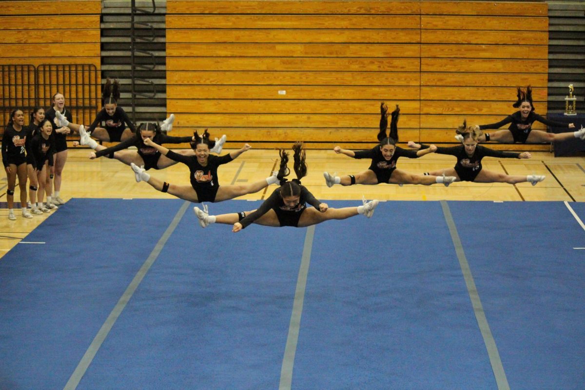 Cal High’s stunt team performs at the NorCal Invitational at Freedom High School on March 8. The team won this competition and the Joust in Riverside on March 15.