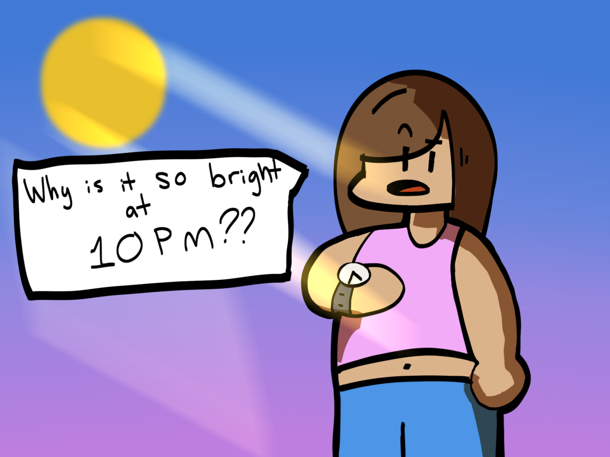 A girl checks her watch as the sun beams on her face. She is confused as to why the bright light shines so late.