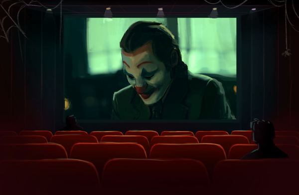 A nearly empty movie theater room playing “Joker” symbolizes the dying popularity of watching movies in theaters.